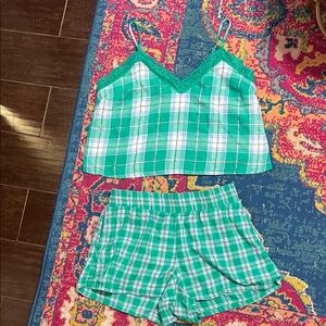 Colsie Teal Plaid Women's Pajama Set both size small green and glittery